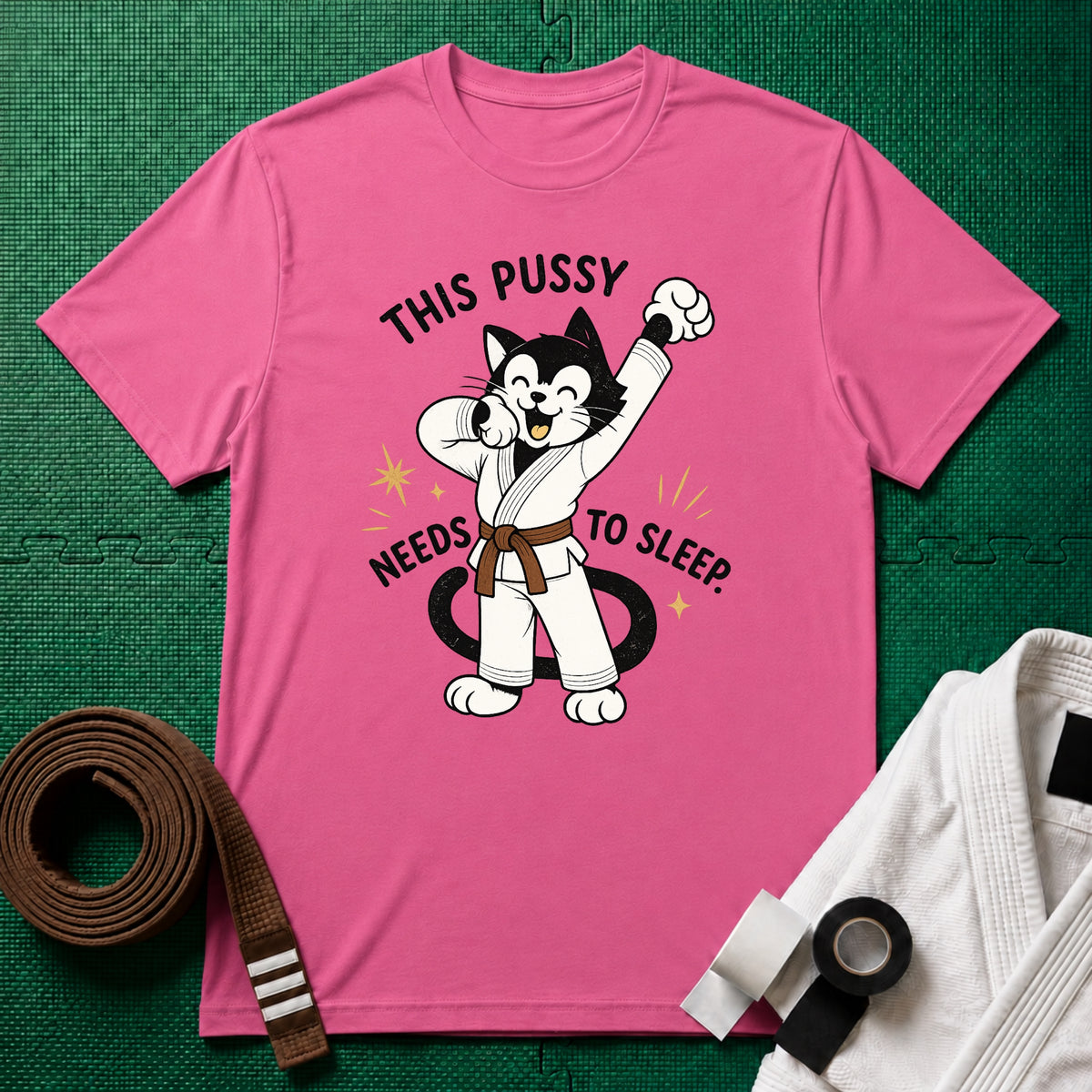 This Pussy Needs to Sleep Brown Belt T-Shirt in Azalea