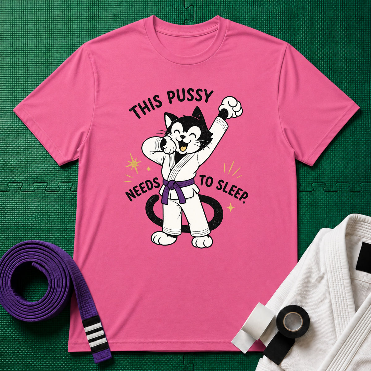 This Pussy Needs to Sleep Purple Belt T-Shirt in Azalea