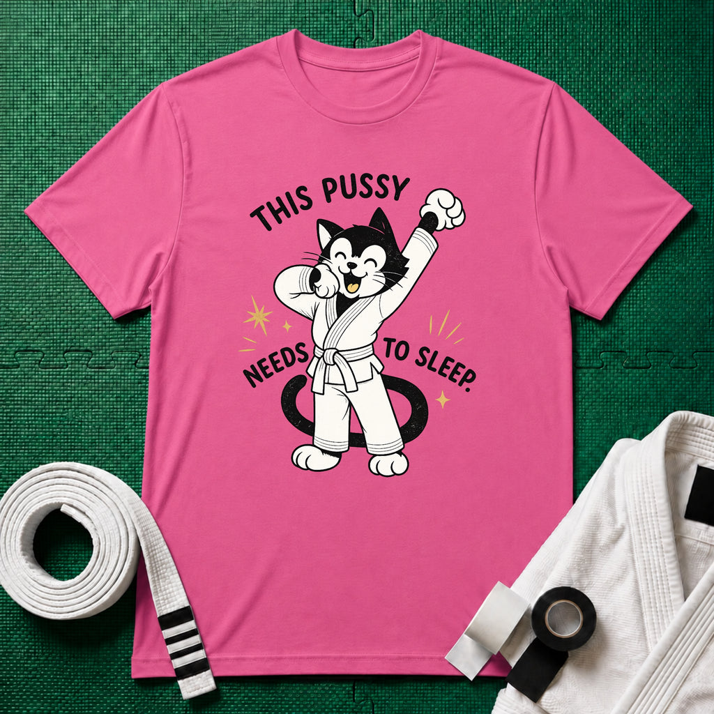This Pussy Needs to Sleep White Belt T-Shirt in Azalea