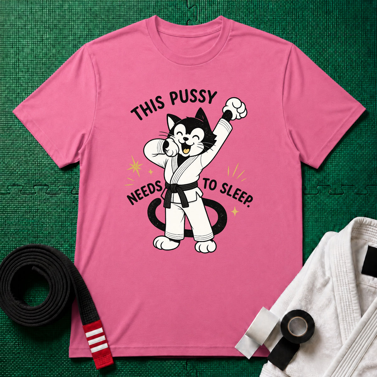 This Pussy Needs to Sleep Black Belt T-Shirt in Azalea