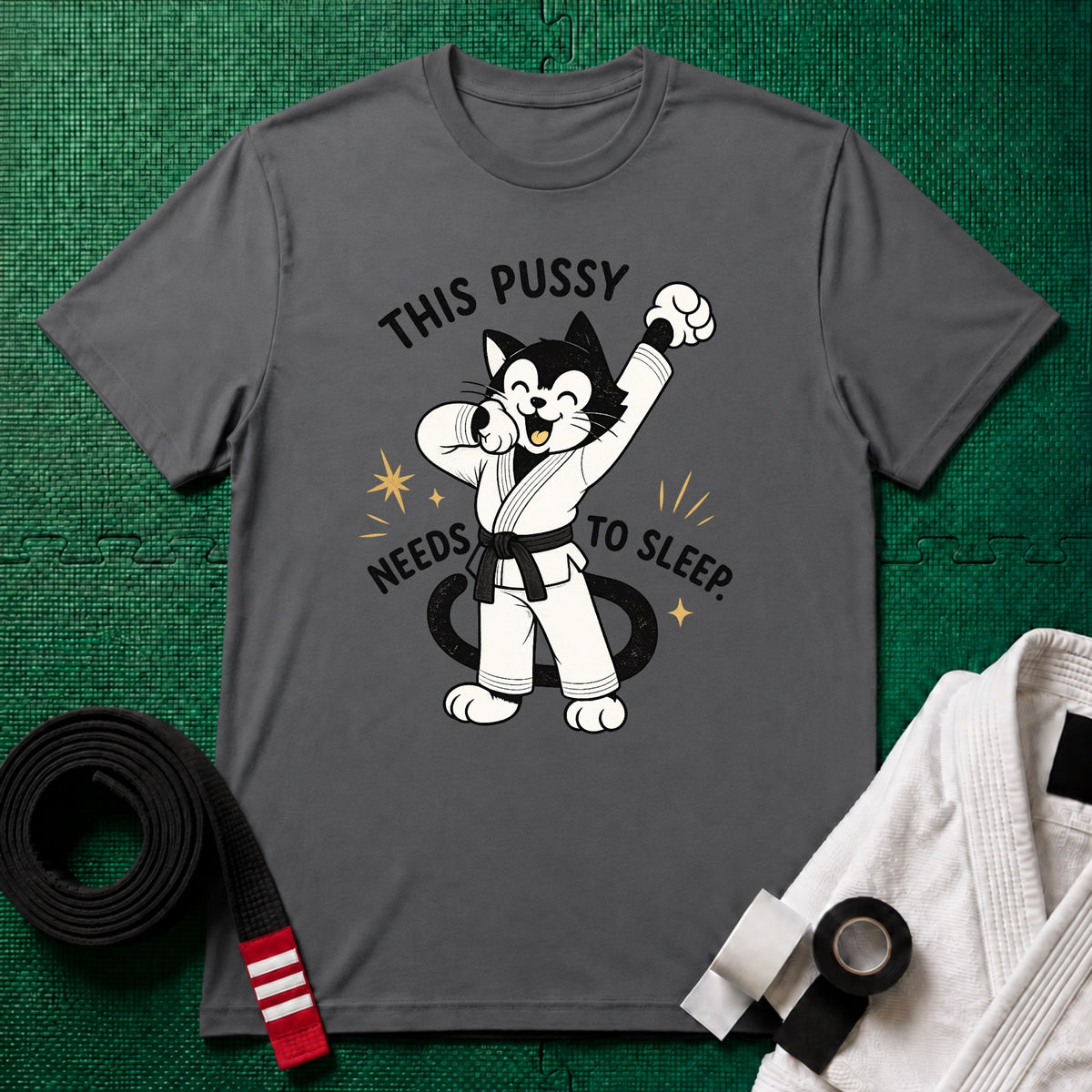 This Pussy Needs to Sleep Black Belt T-Shirt in Charcoal