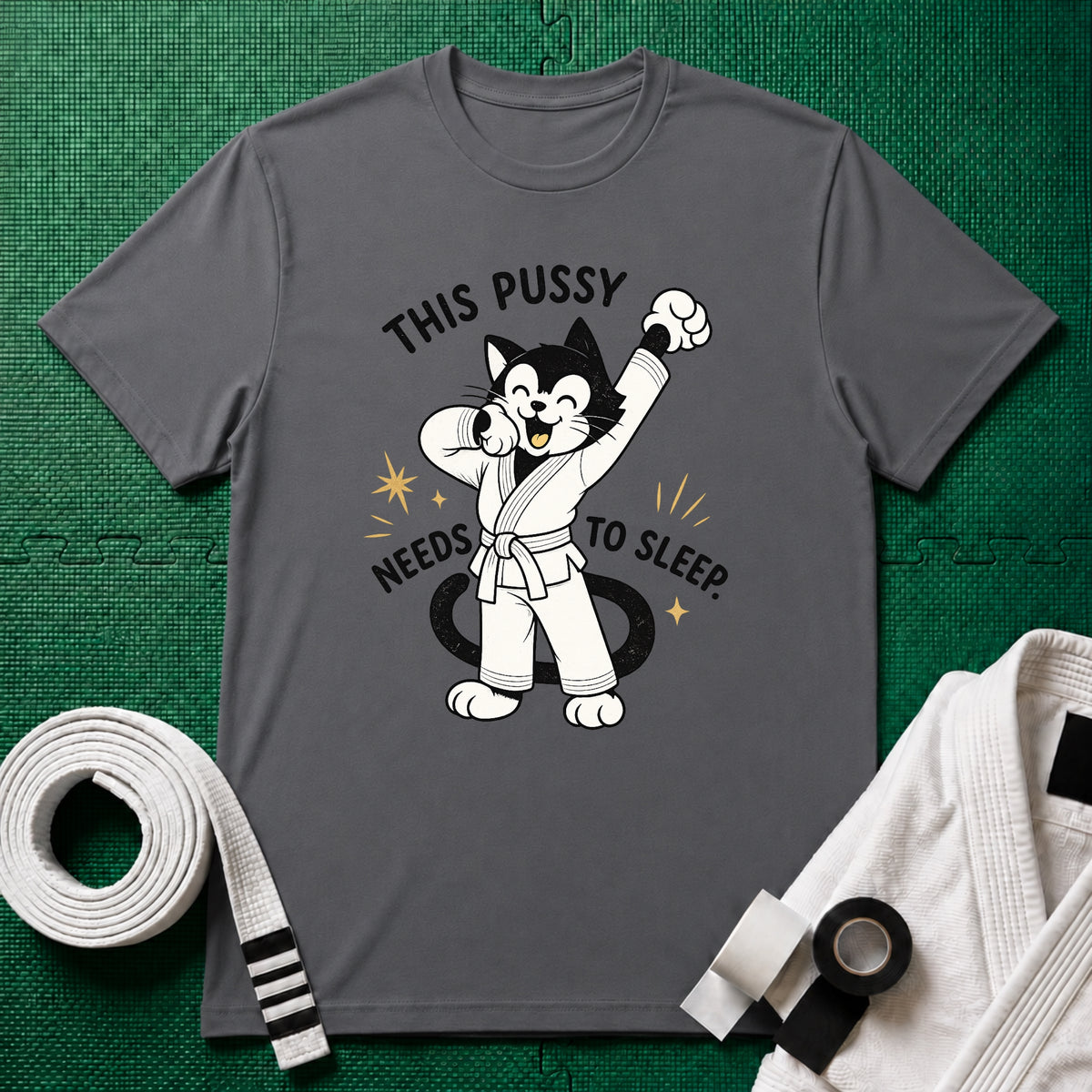 This Pussy Needs to Sleep White Belt T-Shirt in Charcoal