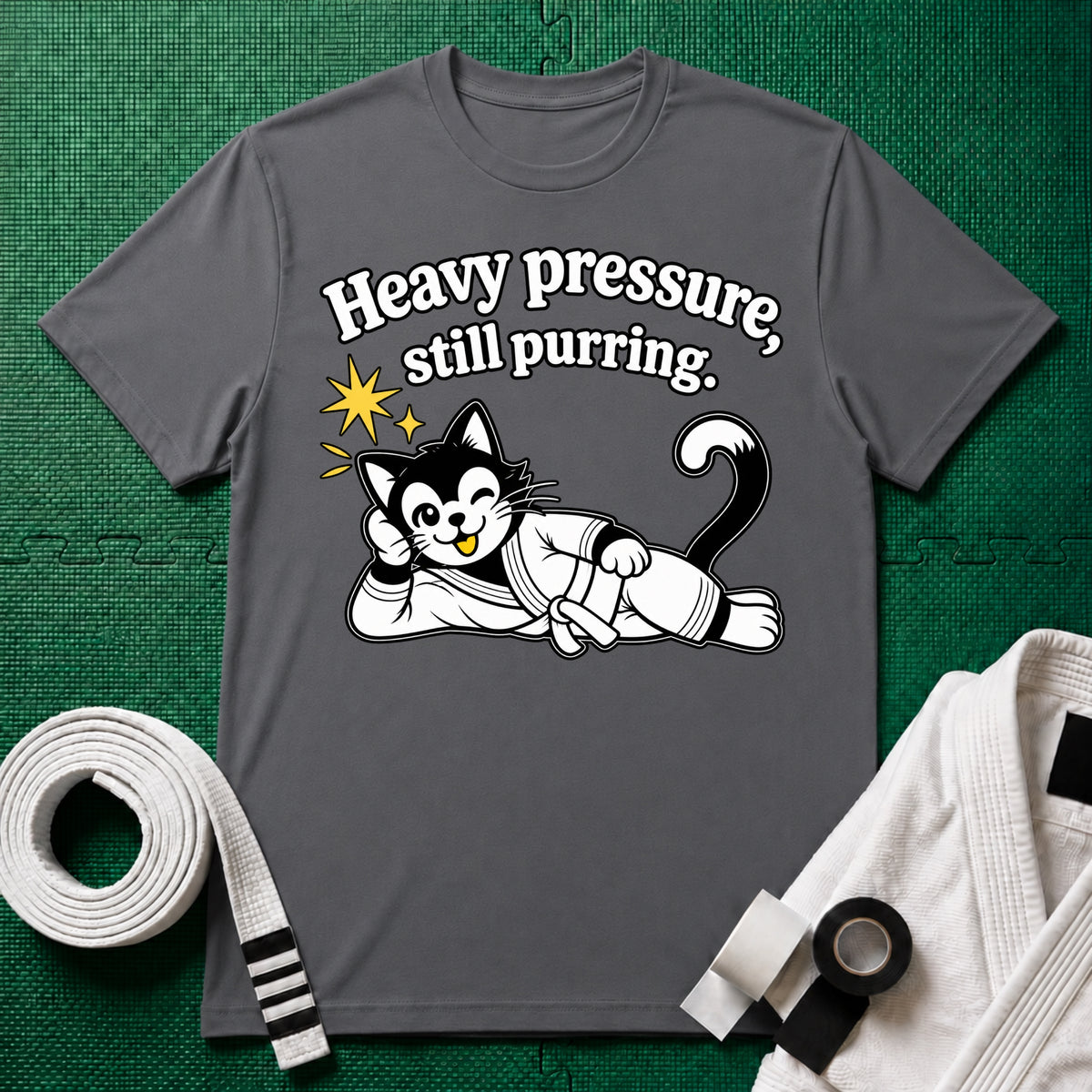 Still Purring White Belt T-Shirt in Charcoal