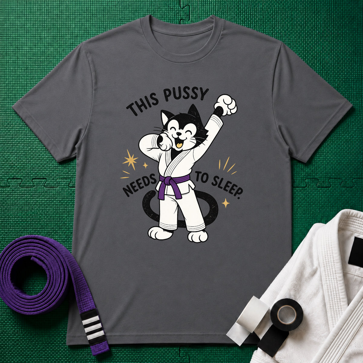This Pussy Needs to Sleep Purple Belt T-Shirt in Charcoal