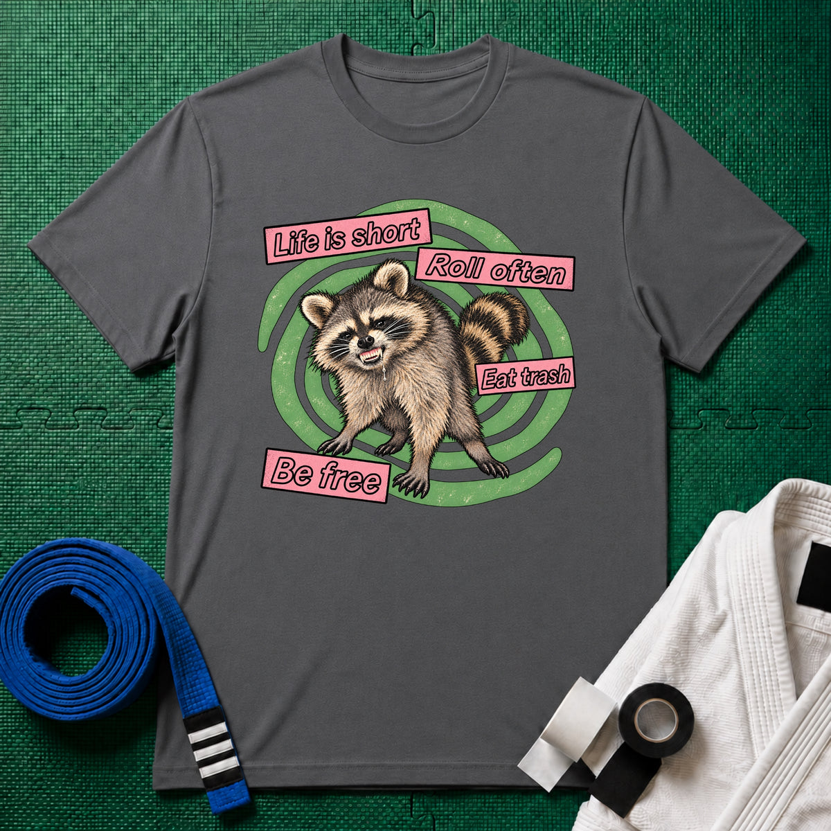 Life Is Short, Roll Often Raccoon T-Shirt, Charcoal