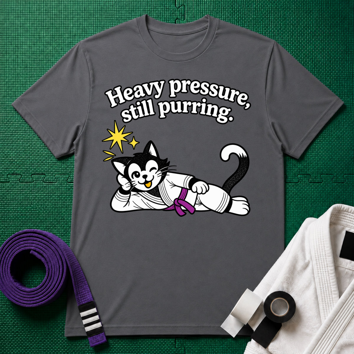 Still Purring Purple Belt T-Shirt in Charcoal