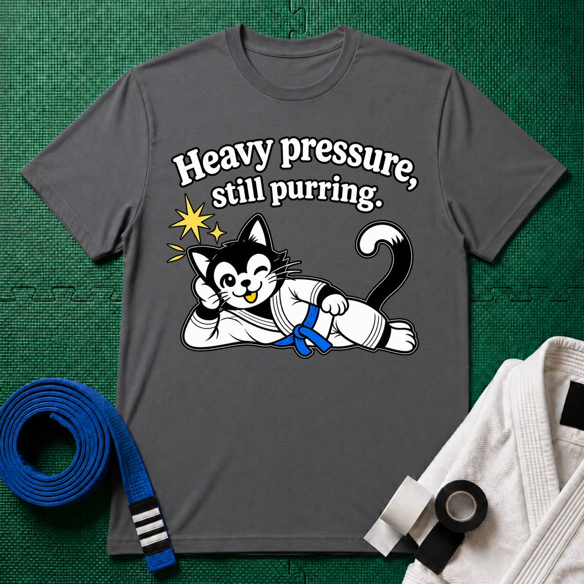 Still Purring Blue Belt T-Shirt in Charcoal