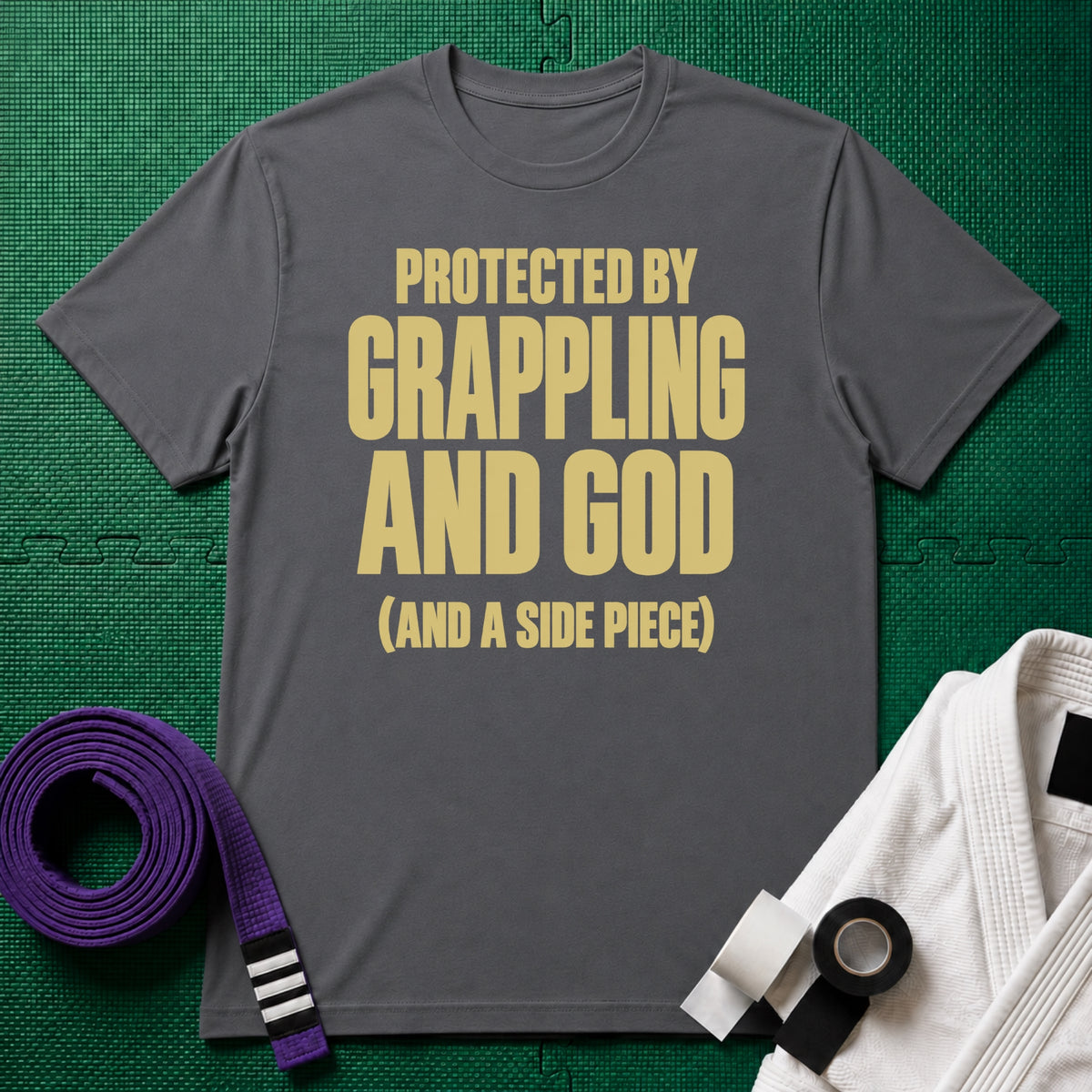 Protected by Grappling and God (and a Side Piece) T-Shirt, Charcoal