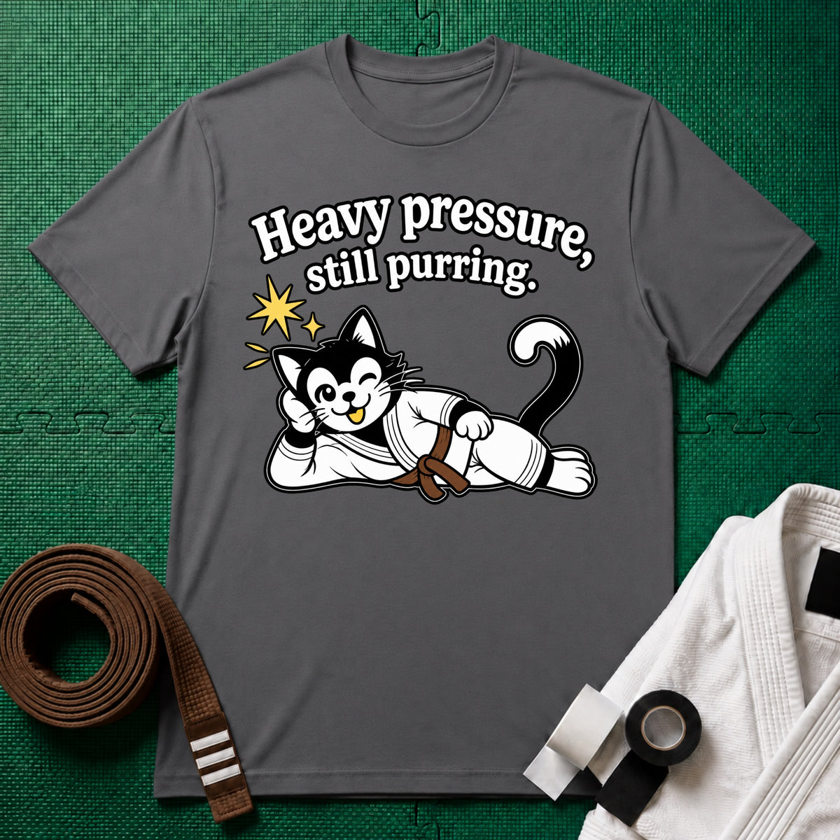 Still Purring Brown Belt T-Shirt in Charcoal