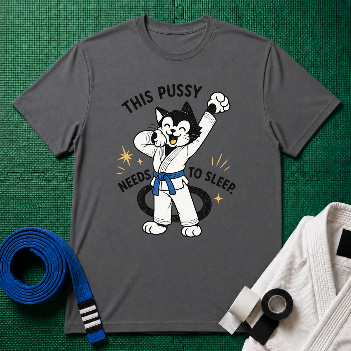 This Pussy Needs to Sleep Blue Belt T-Shirt in Charcoal