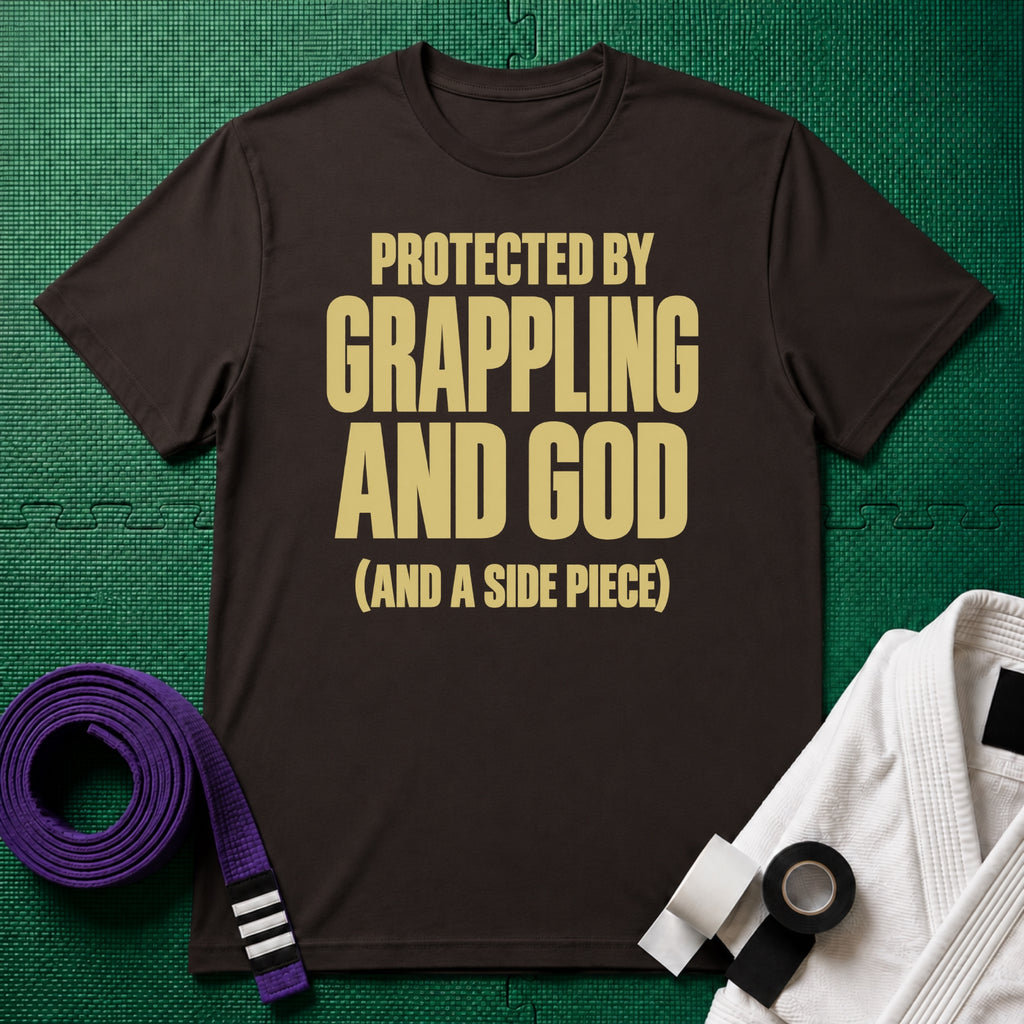 Protected by Grappling and God (and a Side Piece) T-Shirt, Dark Chocolate
