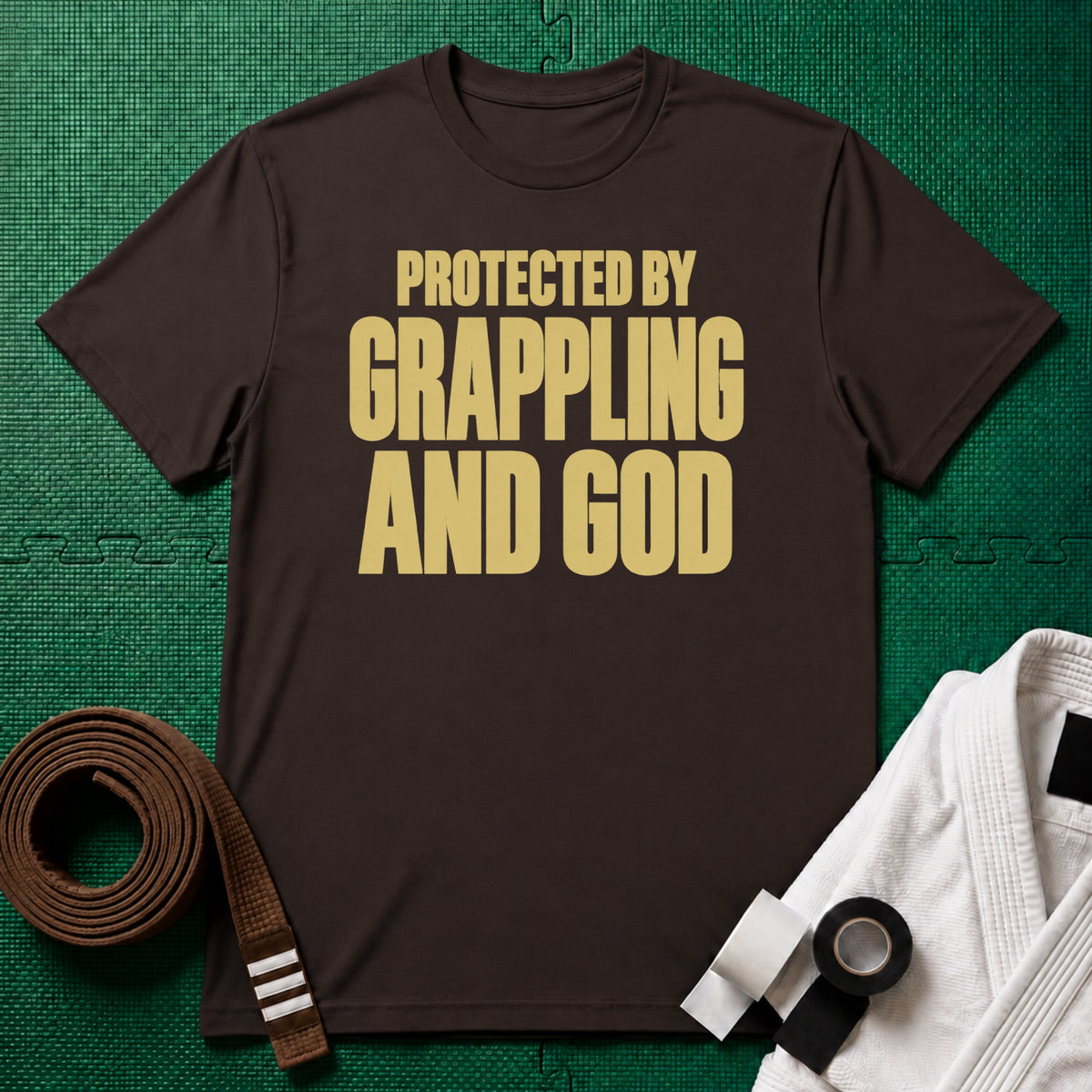 Protected by Grappling and God T-Shirt, Dark Chocolate
