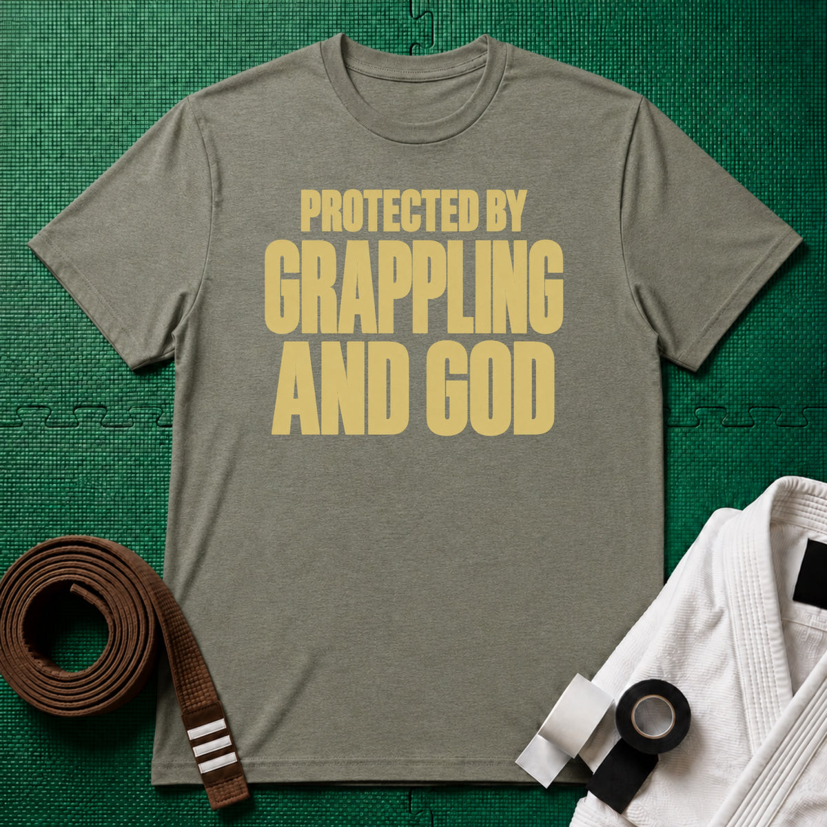 Protected by Grappling and God T-Shirt, Heather Green