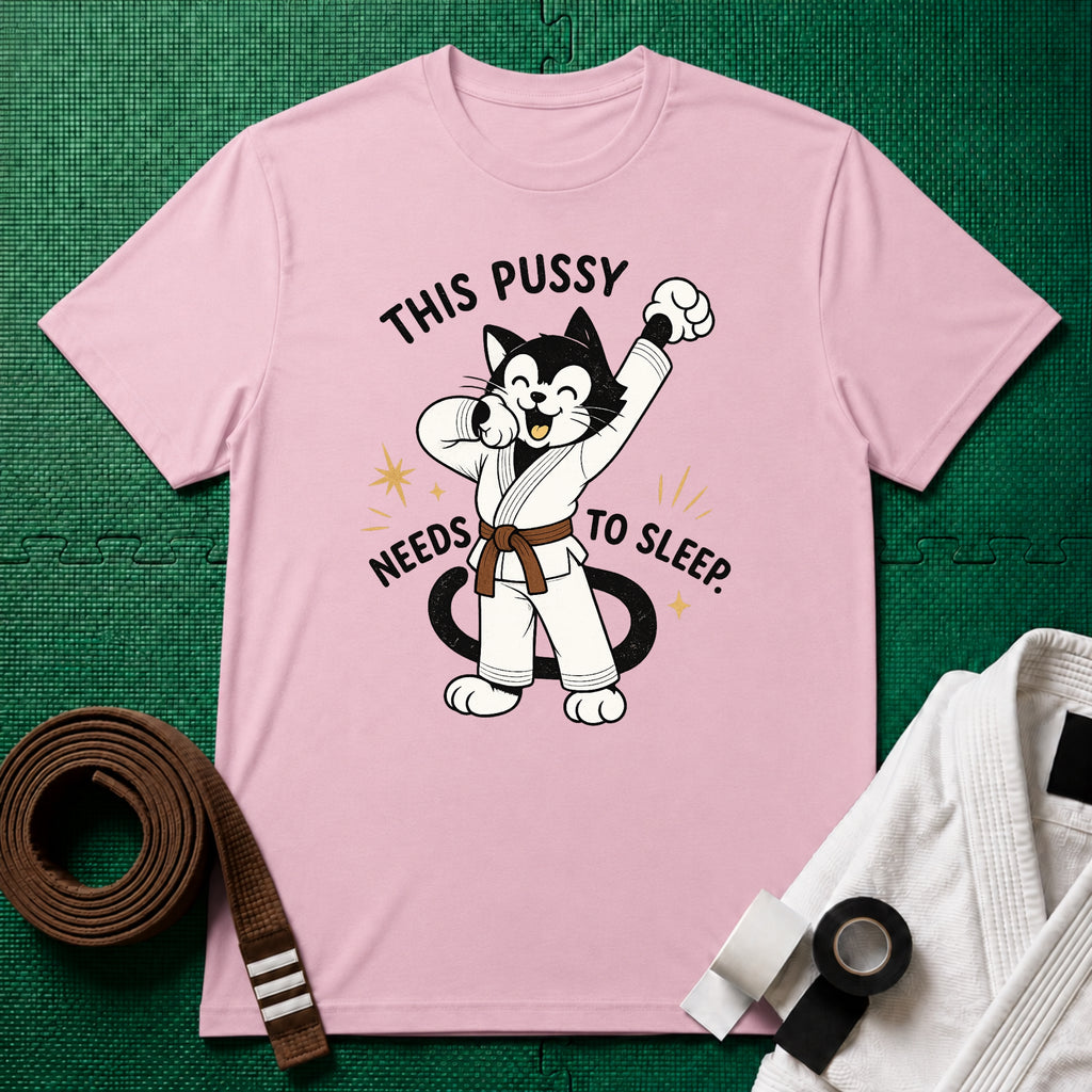 This Pussy Needs to Sleep Brown Belt T-Shirt in Light Pink