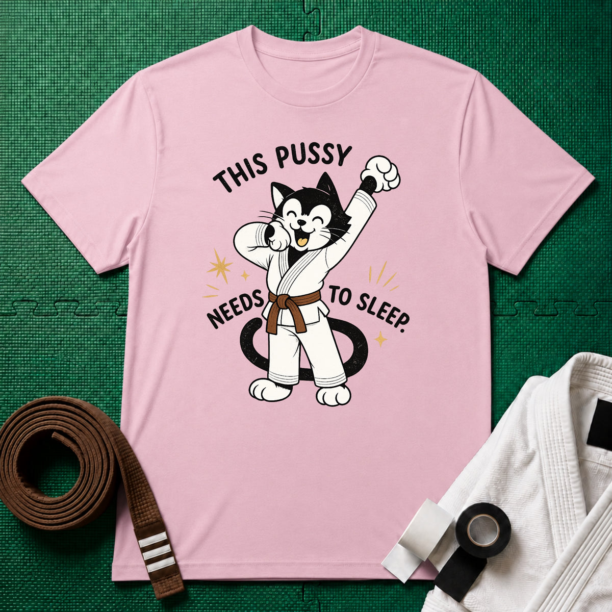 This Pussy Needs to Sleep Brown Belt T-Shirt in Light Pink