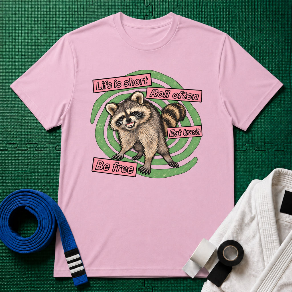 Life Is Short, Roll Often Raccoon T-Shirt, Light Pink