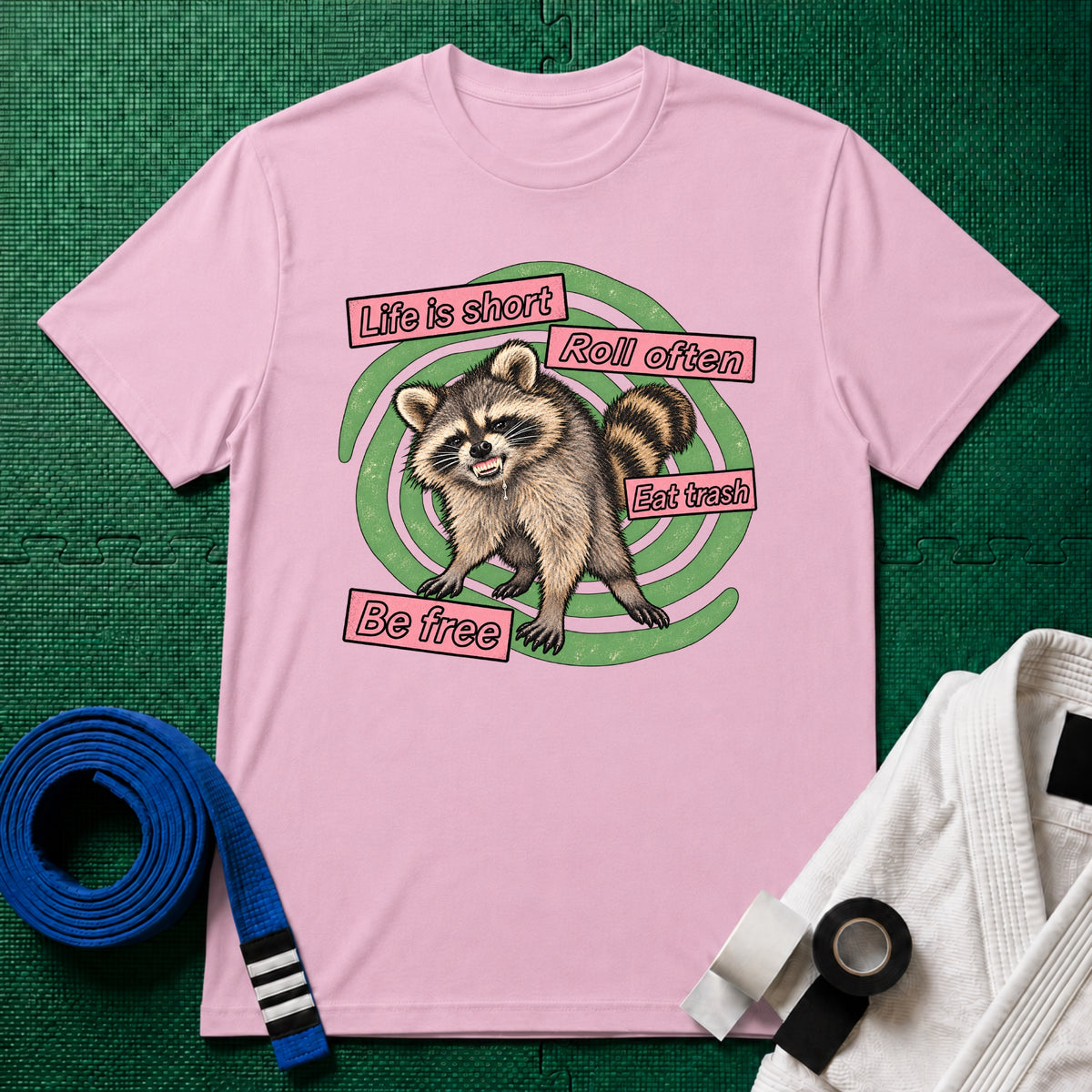 Life Is Short, Roll Often Raccoon T-Shirt, Light Pink