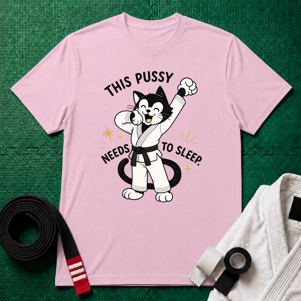 This Pussy Needs to Sleep Black Belt T-Shirt in Light Pink