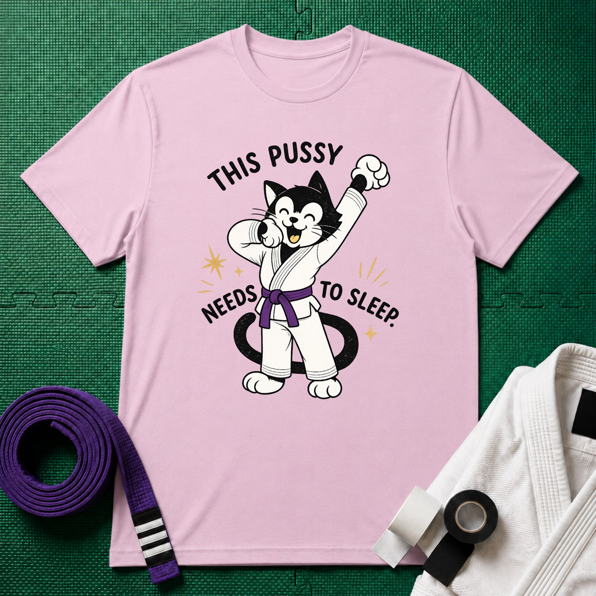 This Pussy Needs to Sleep Purple Belt T-Shirt in Light Pink