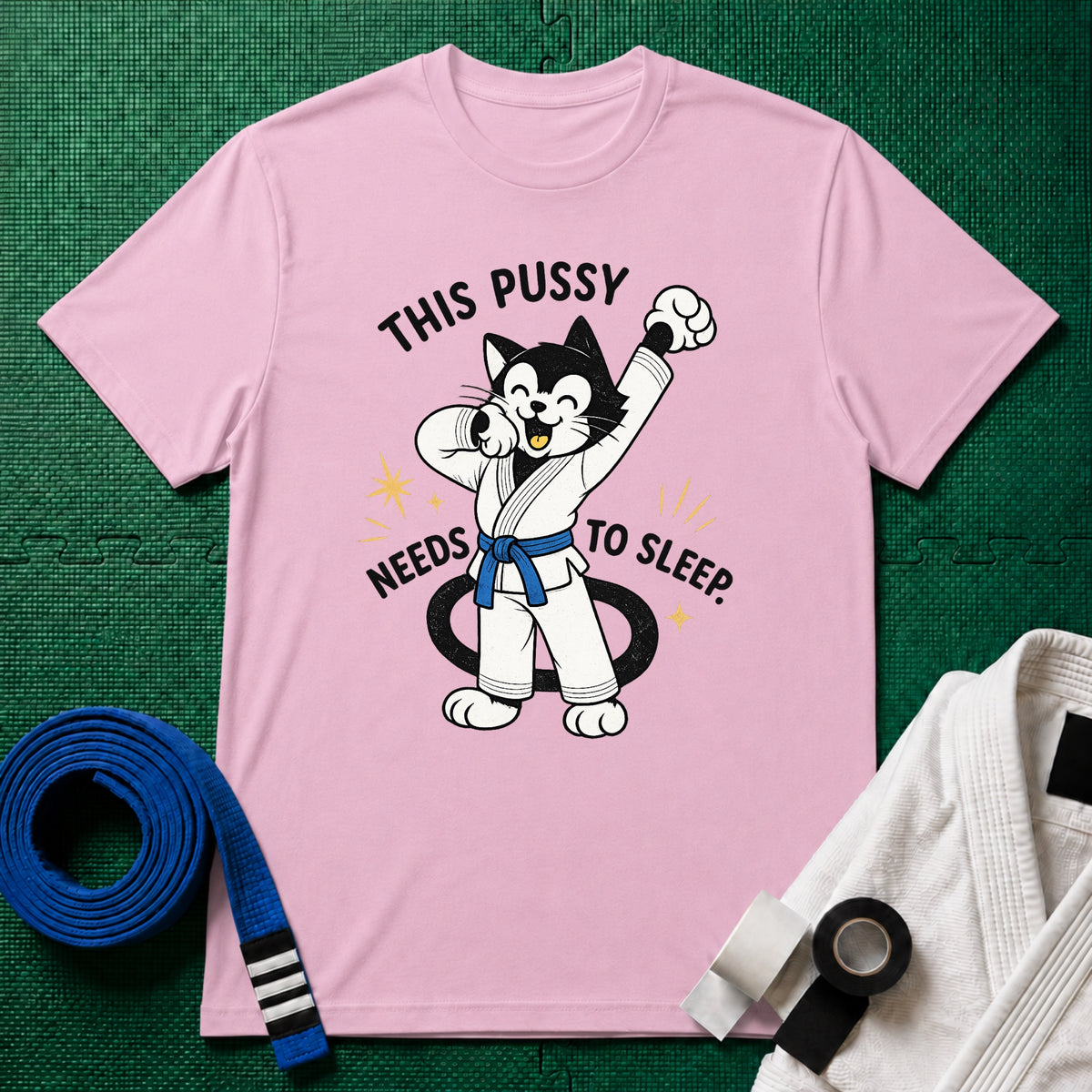 This Pussy Needs to Sleep Blue Belt T-Shirt in Light Pink