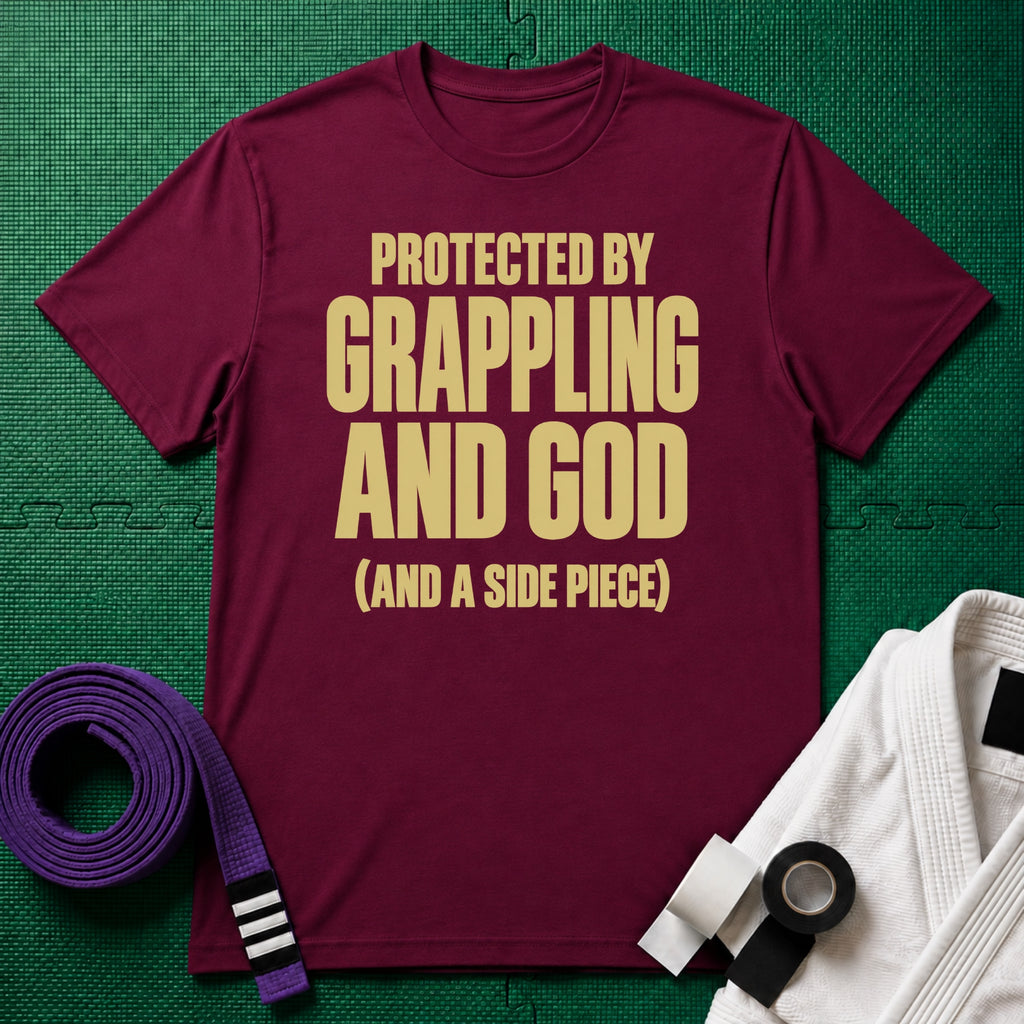 Protected by Grappling and God (and a Side Piece) T-Shirt, Maroon