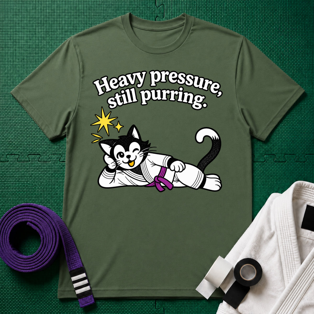Still Purring Purple Belt T-Shirt in Military Green