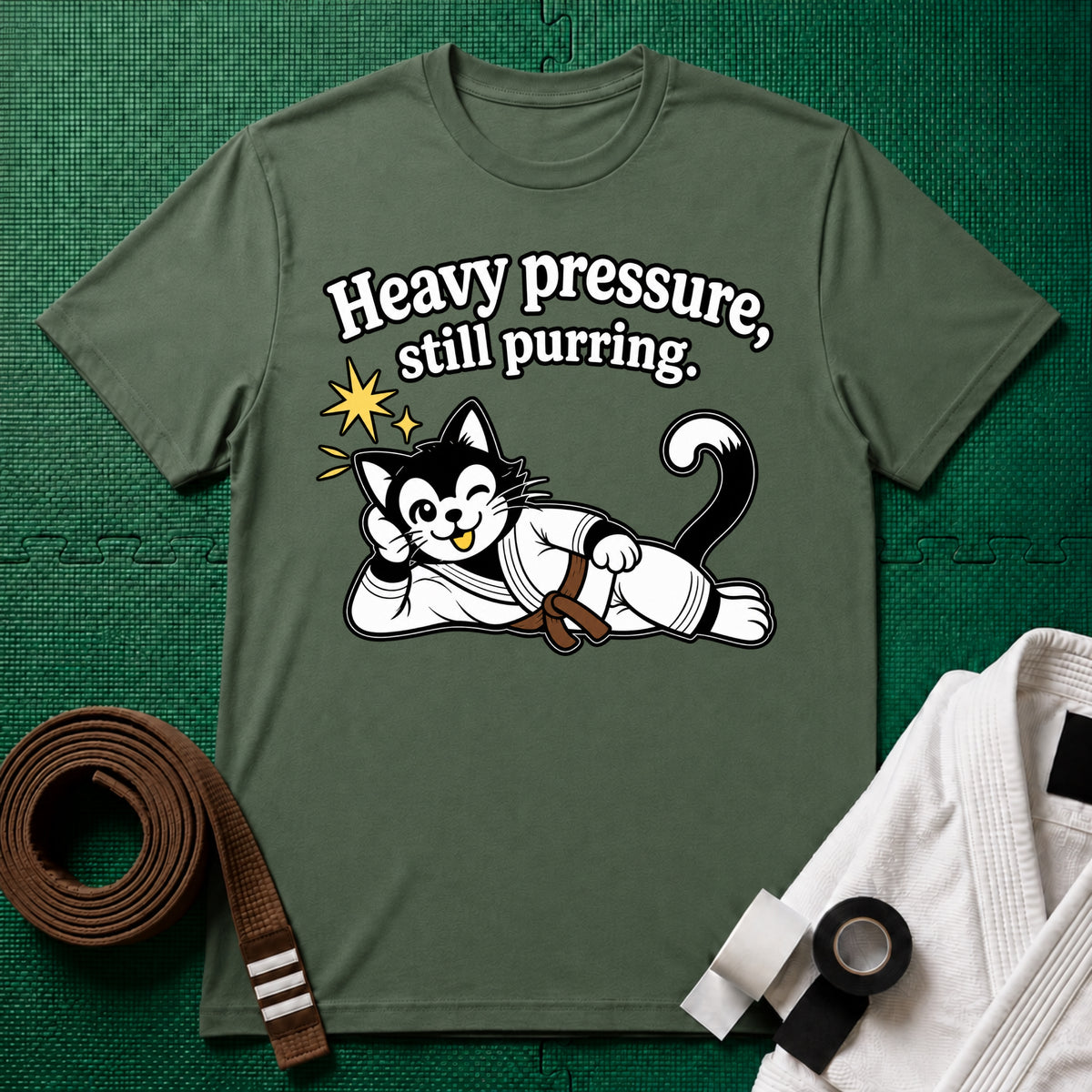 Still Purring Brown Belt T-Shirt in Military Green
