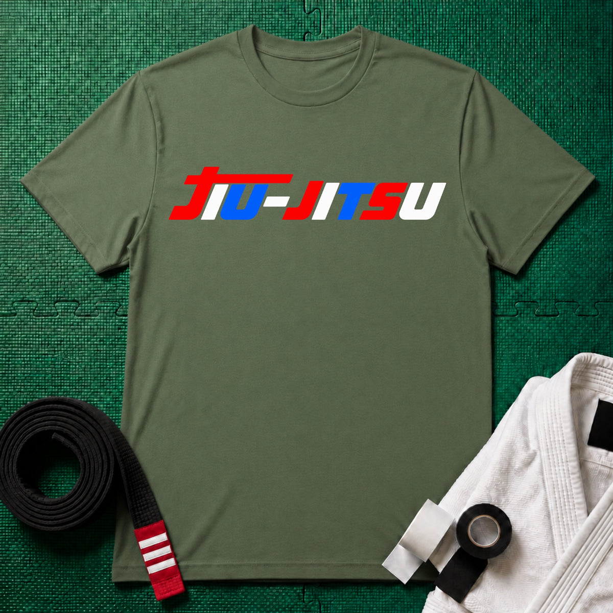 Red, White and Blue Jiu-Jitsu T-Shirt in Military Green