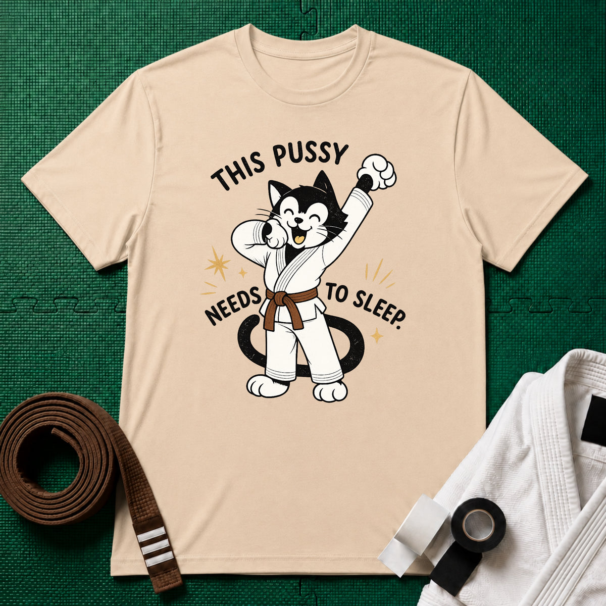 This Pussy Needs to Sleep Brown Belt T-Shirt in Natural