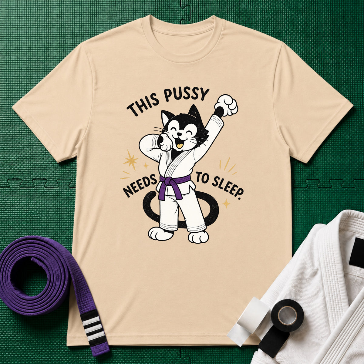 This Pussy Needs to Sleep Purple Belt T-Shirt in Natural