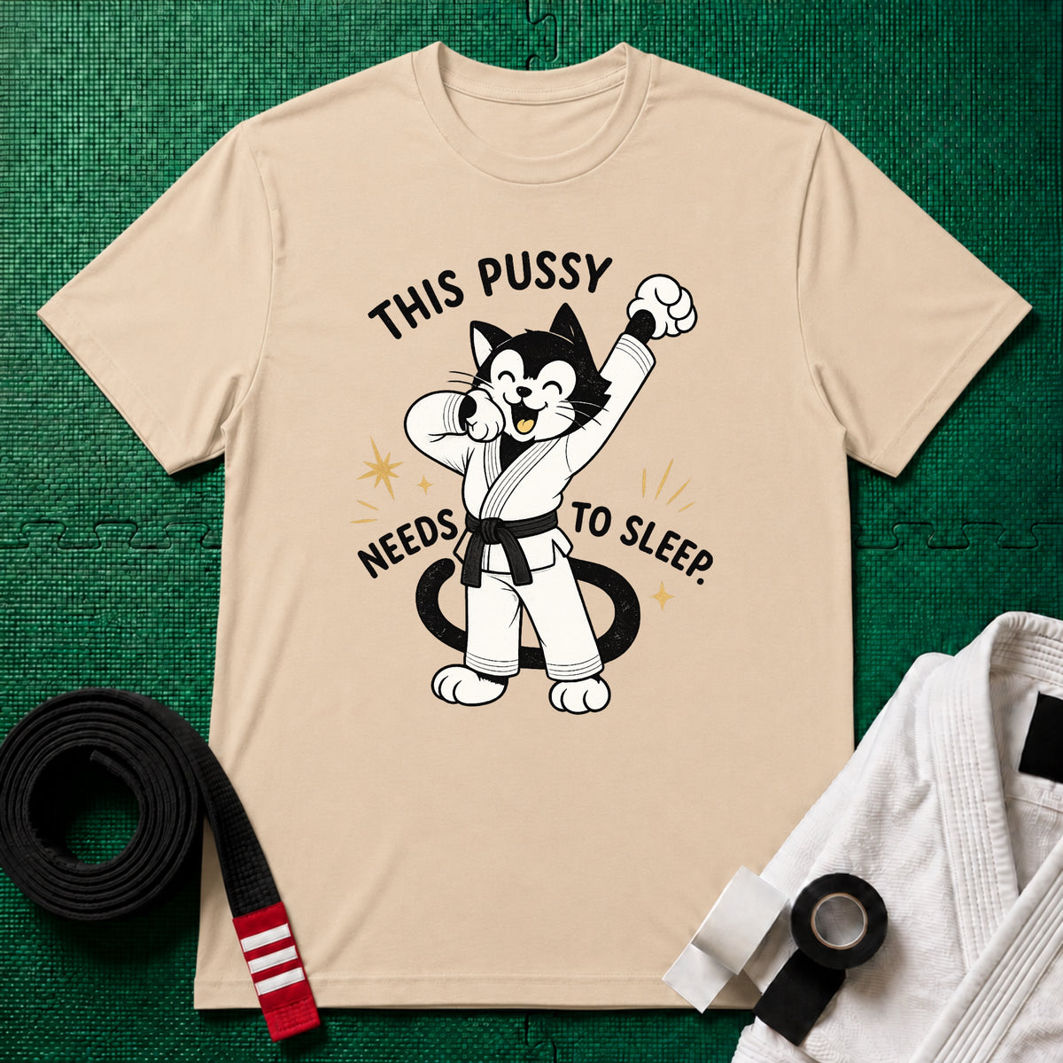 This Pussy Needs to Sleep Black Belt T-Shirt in Natural