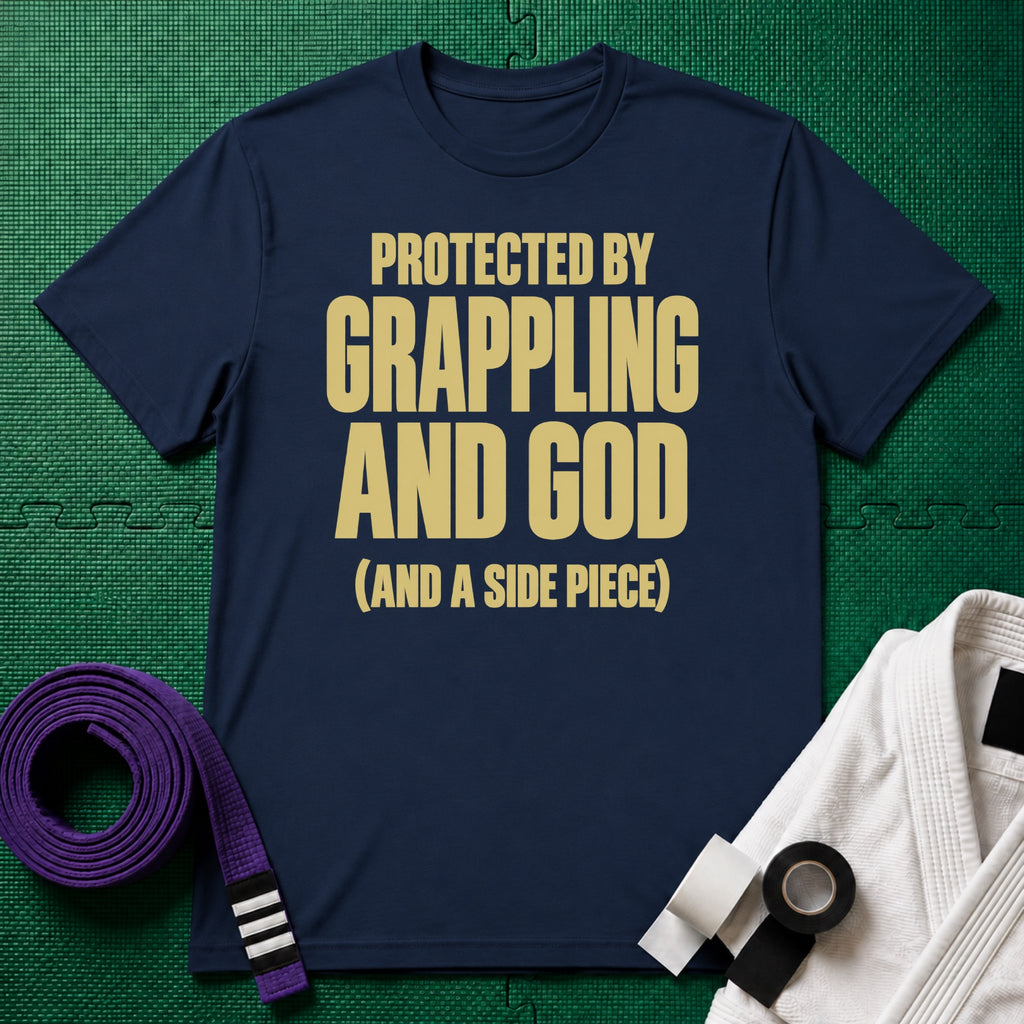 Protected by Grappling and God (and a Side Piece) T-Shirt, Navy