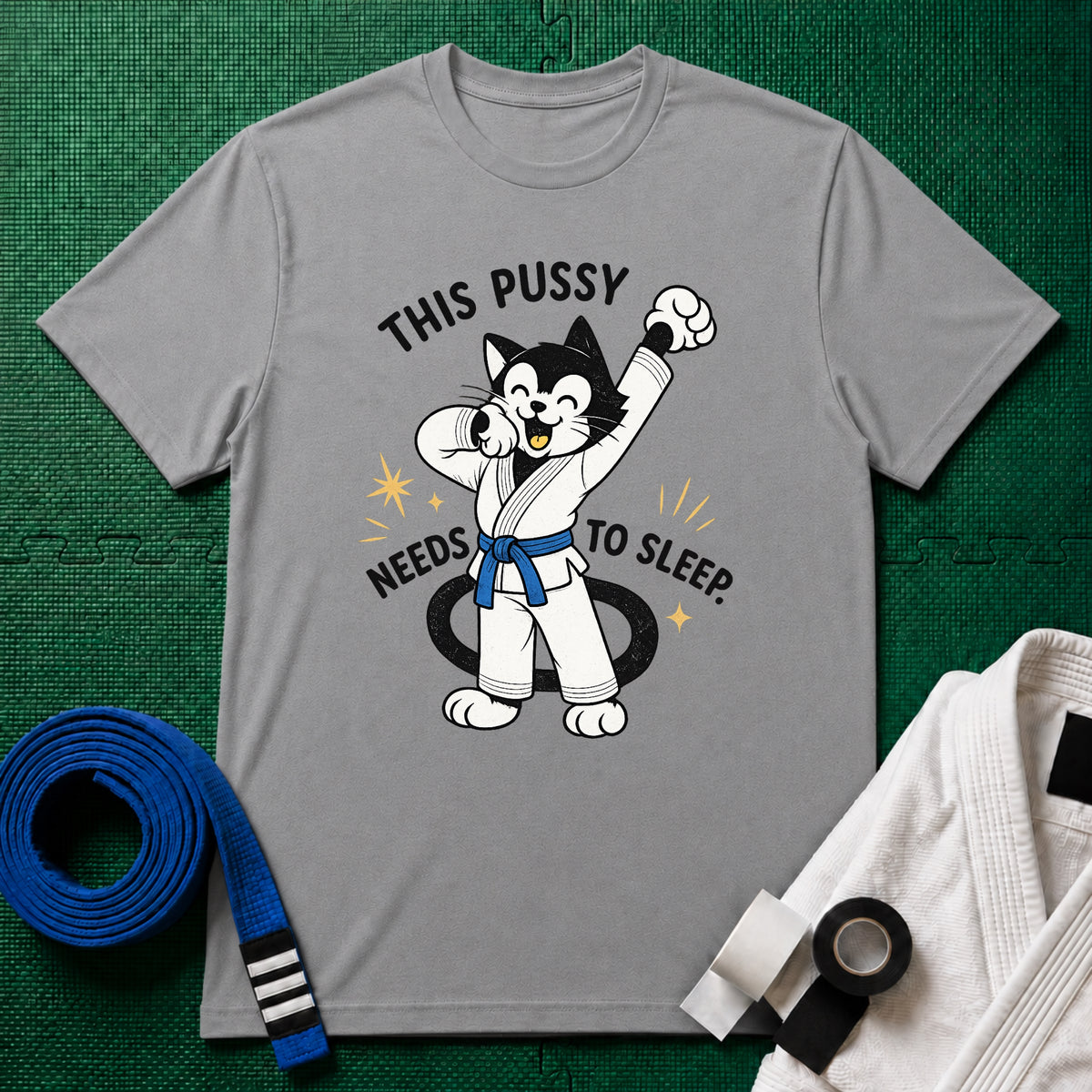 This Pussy Needs to Sleep Blue Belt T-Shirt in Sport Grey