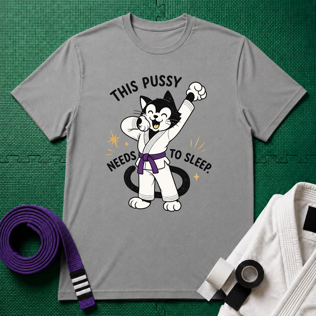 This Pussy Needs to Sleep Purple Belt T-Shirt in Sport Grey