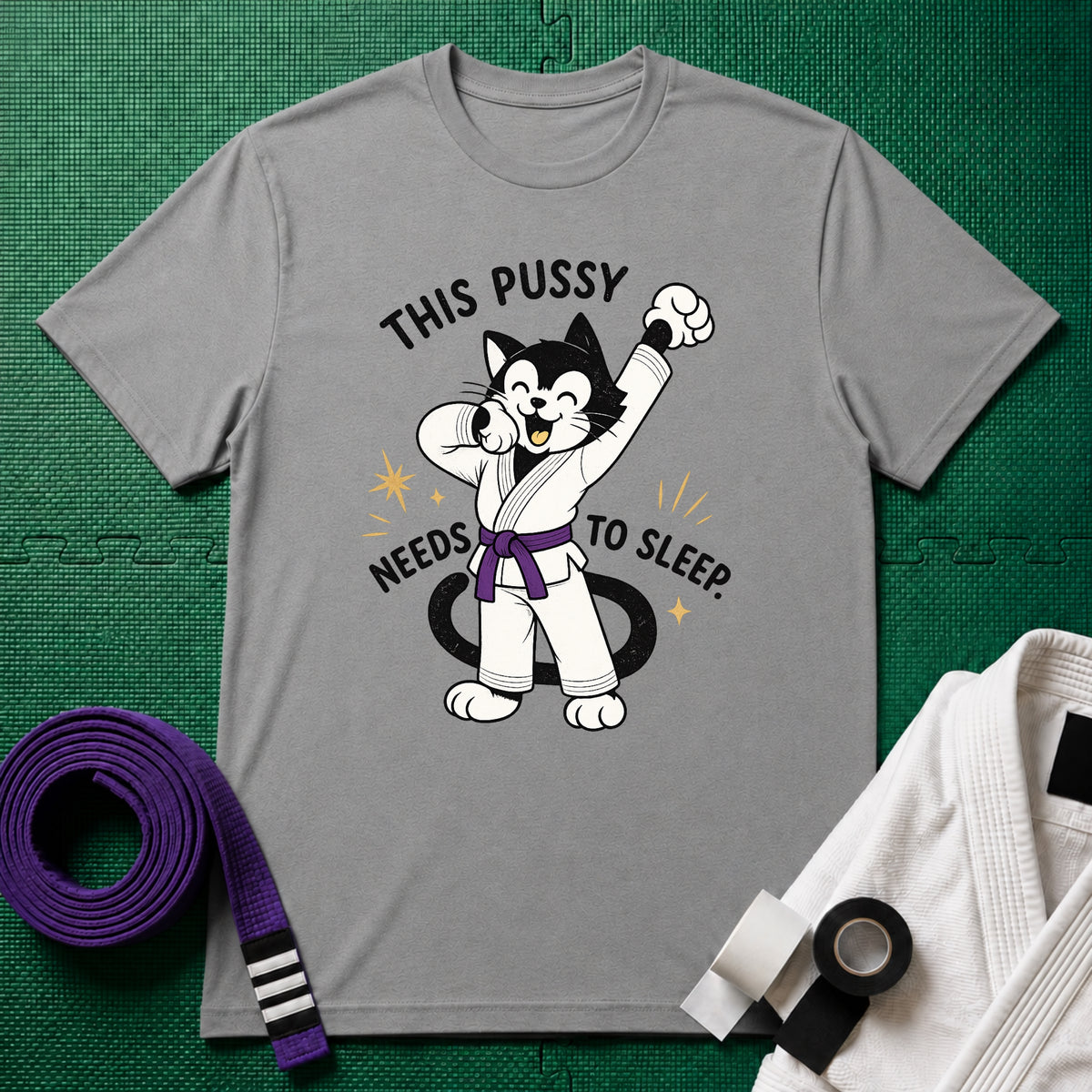This Pussy Needs to Sleep Purple Belt T-Shirt in Sport Grey