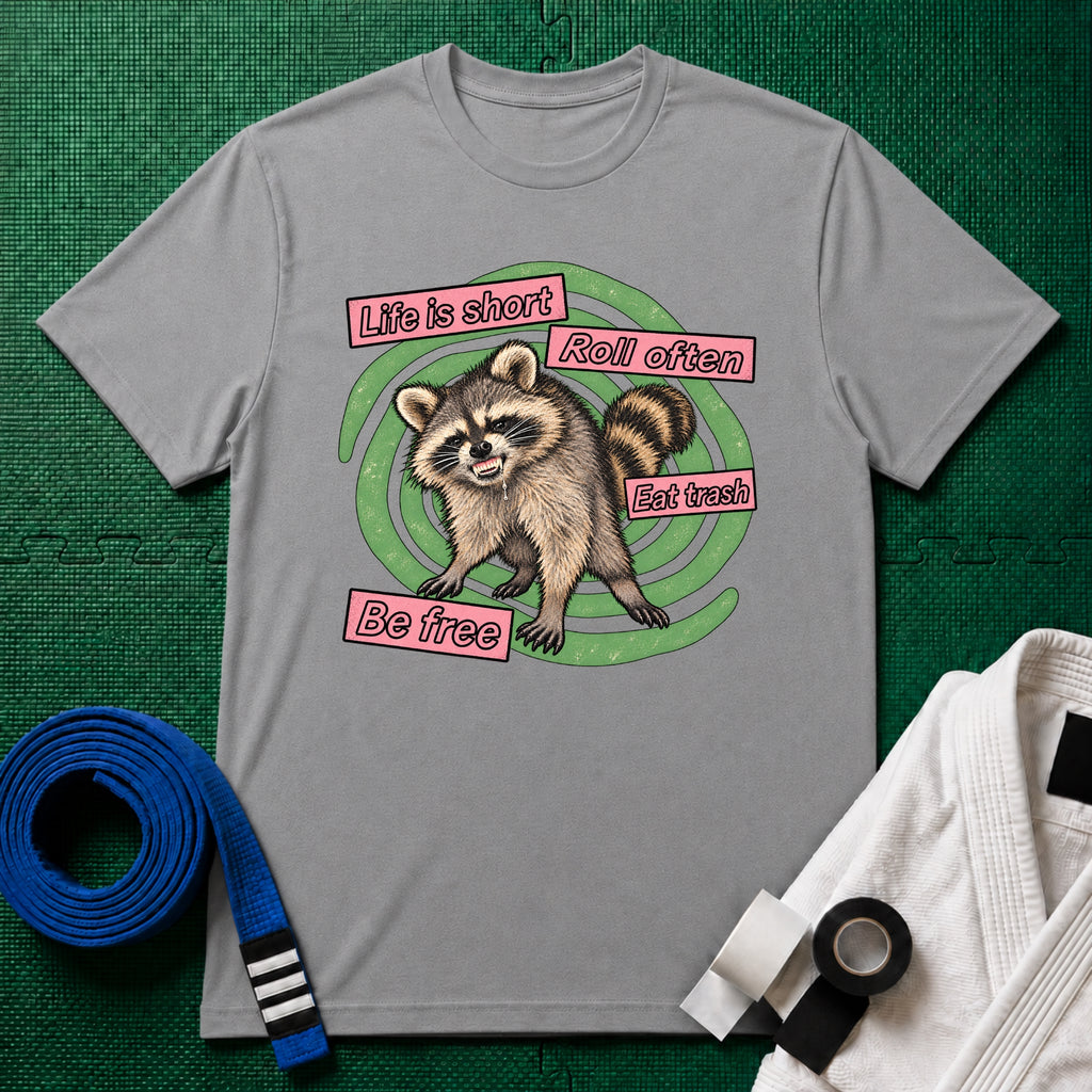 Life Is Short, Roll Often Raccoon T-Shirt, Sport Grey