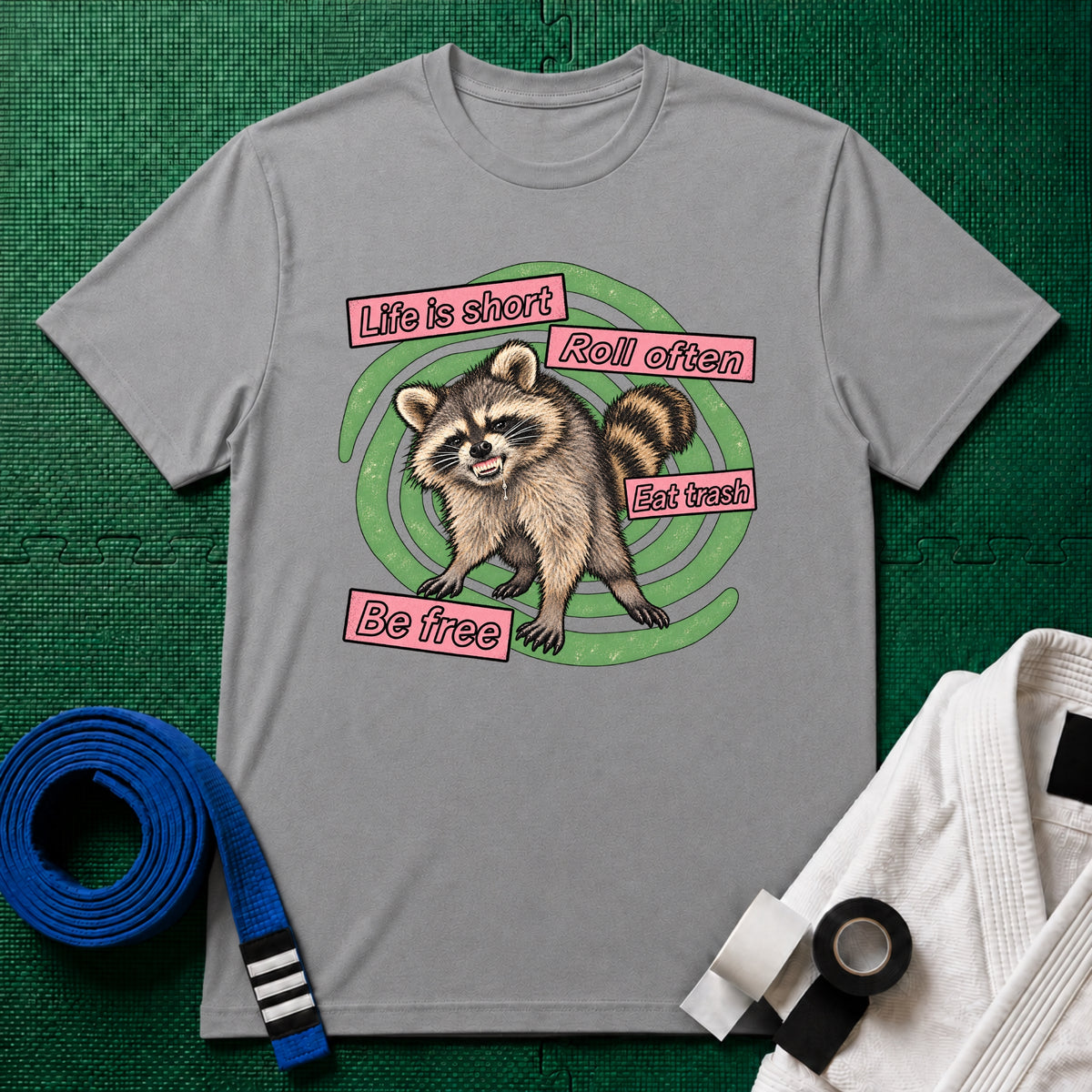 Life Is Short, Roll Often Raccoon T-Shirt, Sport Grey