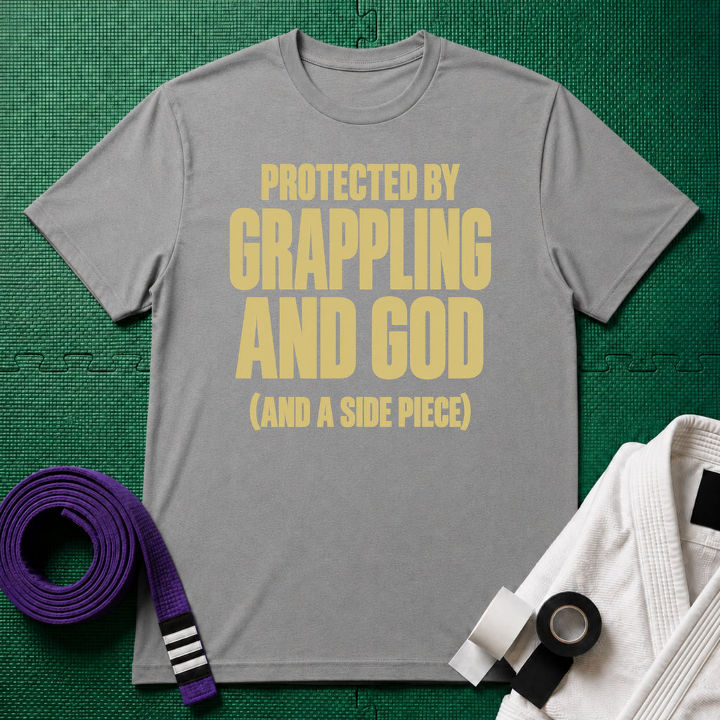 Protected by Grappling and God (and a Side Piece) T-Shirt, Sport Grey