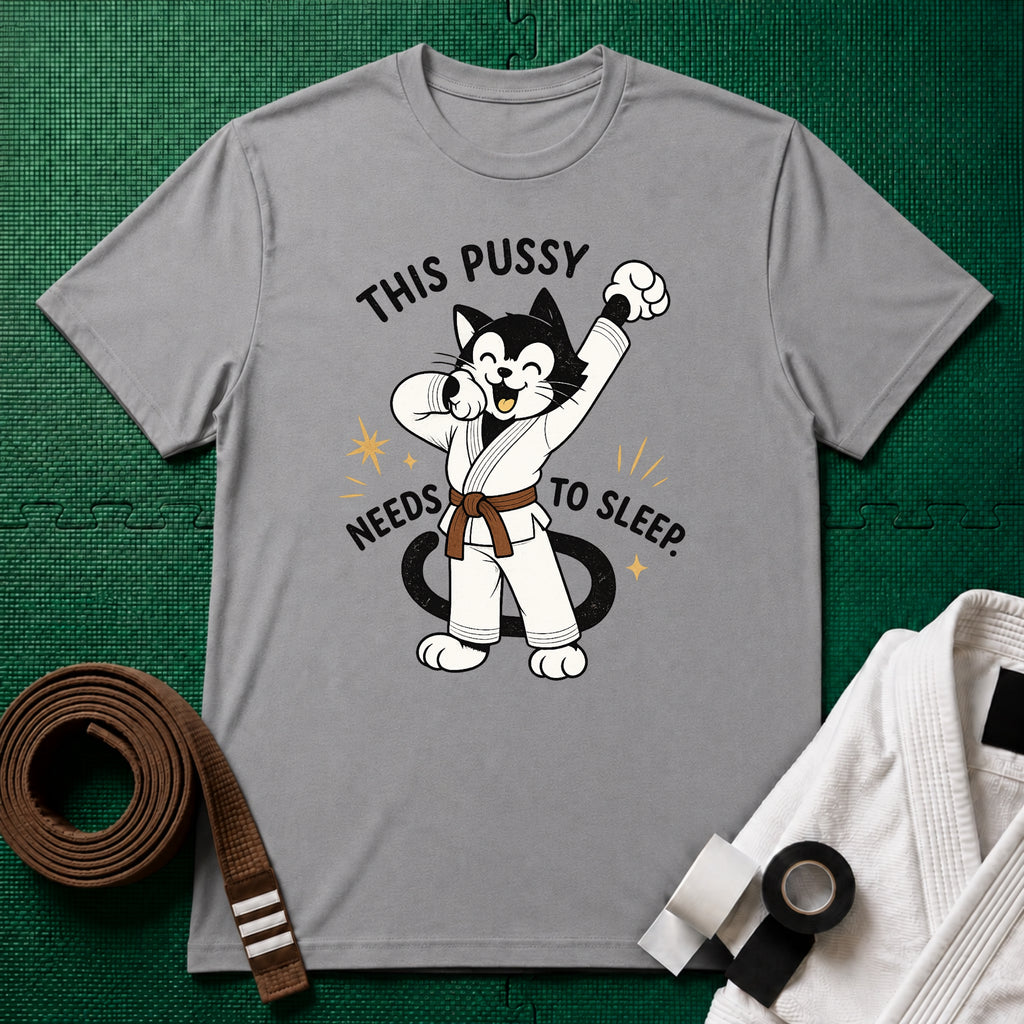 This Pussy Needs to Sleep Brown Belt T-Shirt in Sport Grey