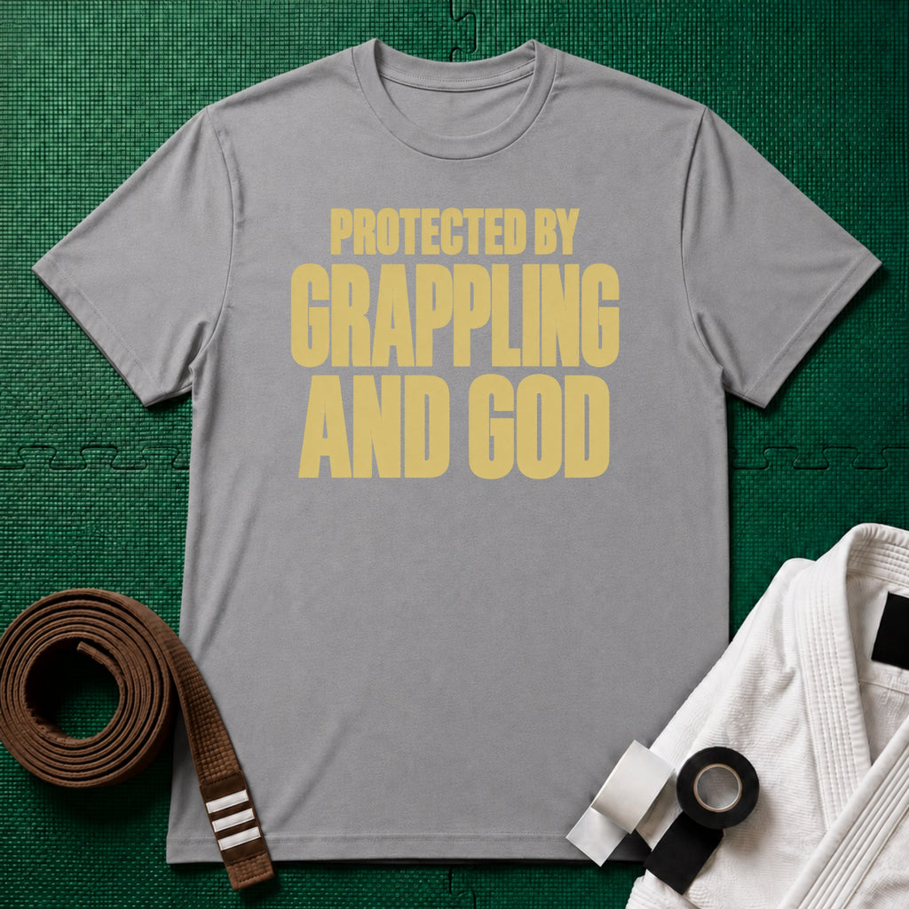 Protected by Grappling and God T-Shirt, Sport Grey