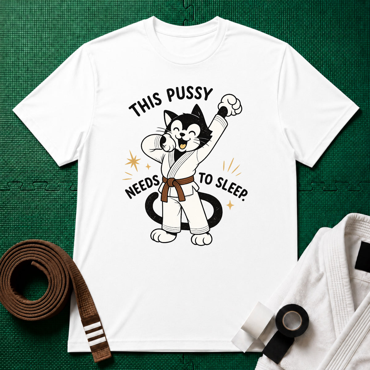 This Pussy Needs to Sleep Brown Belt T-Shirt in White