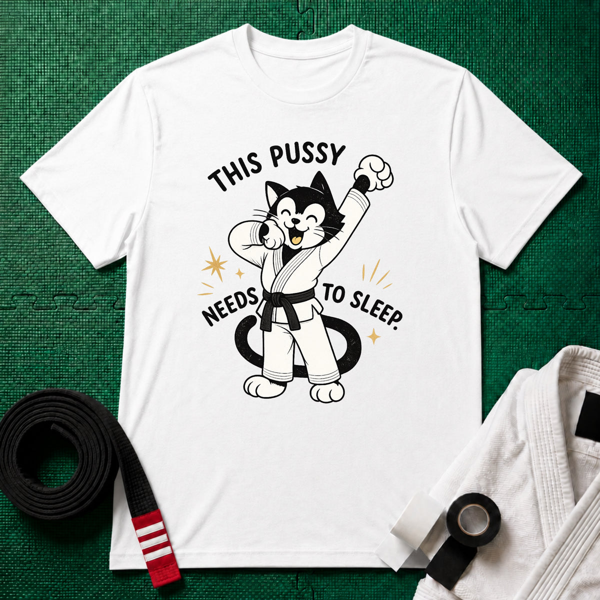 This Pussy Needs to Sleep Black Belt T-Shirt in White