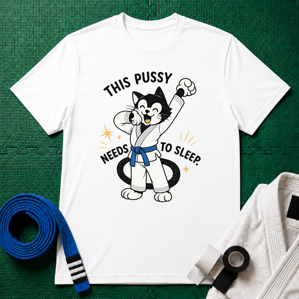 This Pussy Needs to Sleep Blue Belt T-Shirt in White