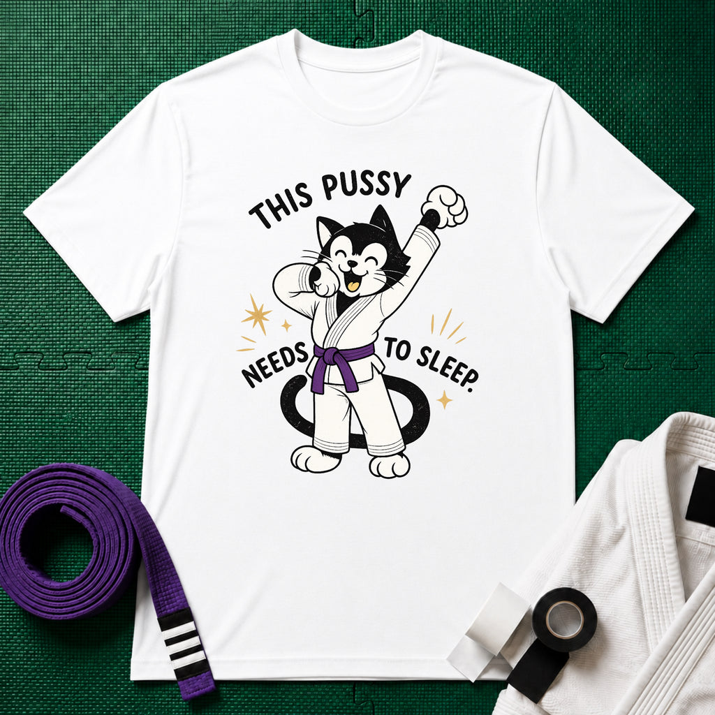 This Pussy Needs to Sleep Purple Belt T-Shirt in White