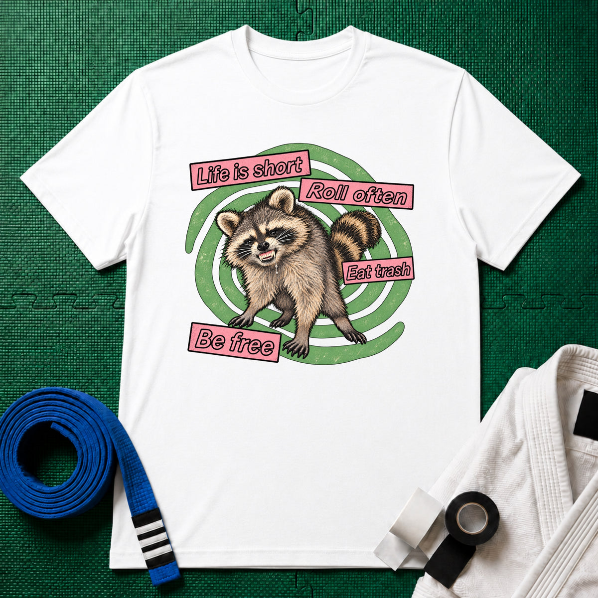 Life Is Short, Roll Often Raccoon T-Shirt, White
